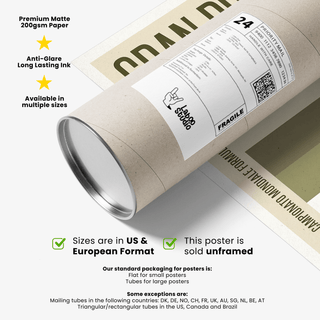 Packaging tube with a rolled Monza Grand Prix poster showing olive green and brown vintage design