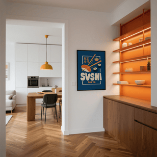 Sushi wall art illustrating sushi pieces with blue background hung on a white wall near wooden shelving