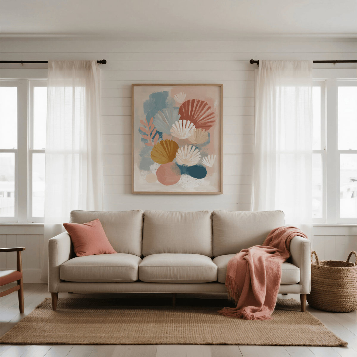 Abstract Botanical Print hanging above beige sofa with a coral cushion and throw in a living room