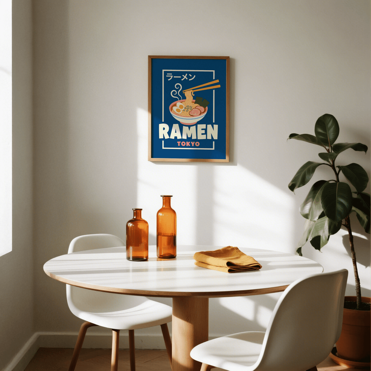 Ramen Poster print on a wall above a white dining table with two brown bottles and a folded yellow cloth