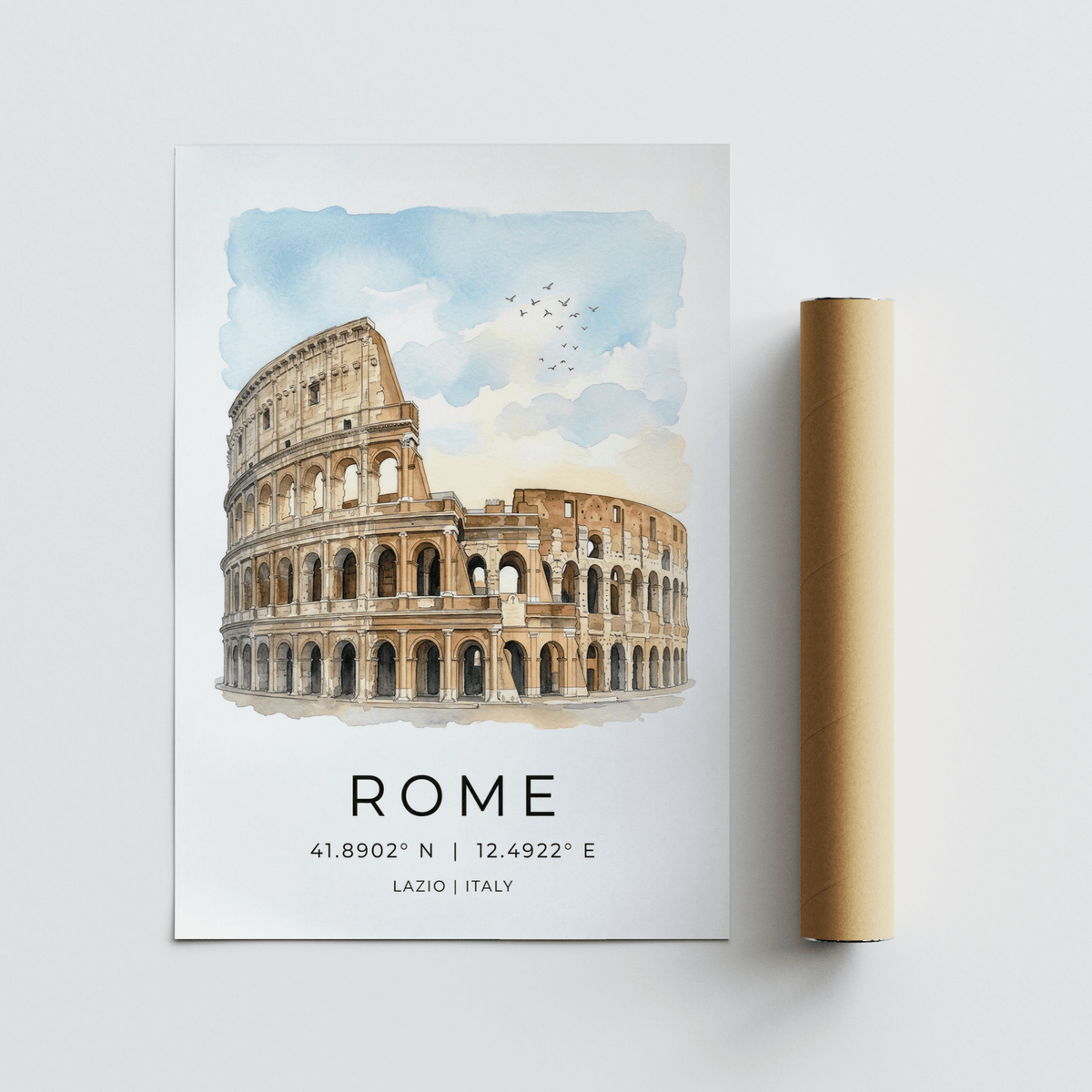 Rome Colosseum art print with watercolour blue sky and tan colosseum next to packaging tube