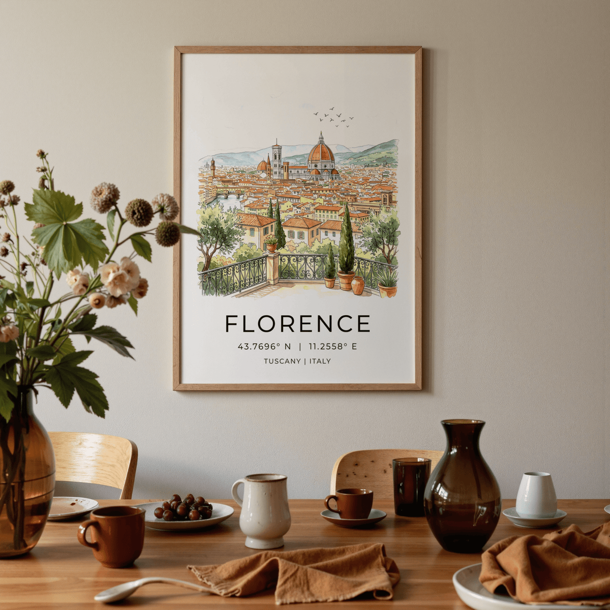 Florence Italy Art Print on a wall showing a cityscape in soft watercolour above a dining table with brown crockery