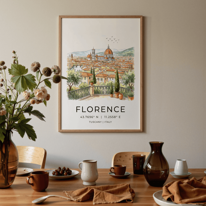 Florence Italy Art Print on a wall showing a cityscape in soft watercolour above a dining table with brown crockery