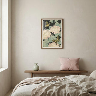 Butterfly art print with yellow swallowtail butterflies on pale flowers above a bench with a green vase