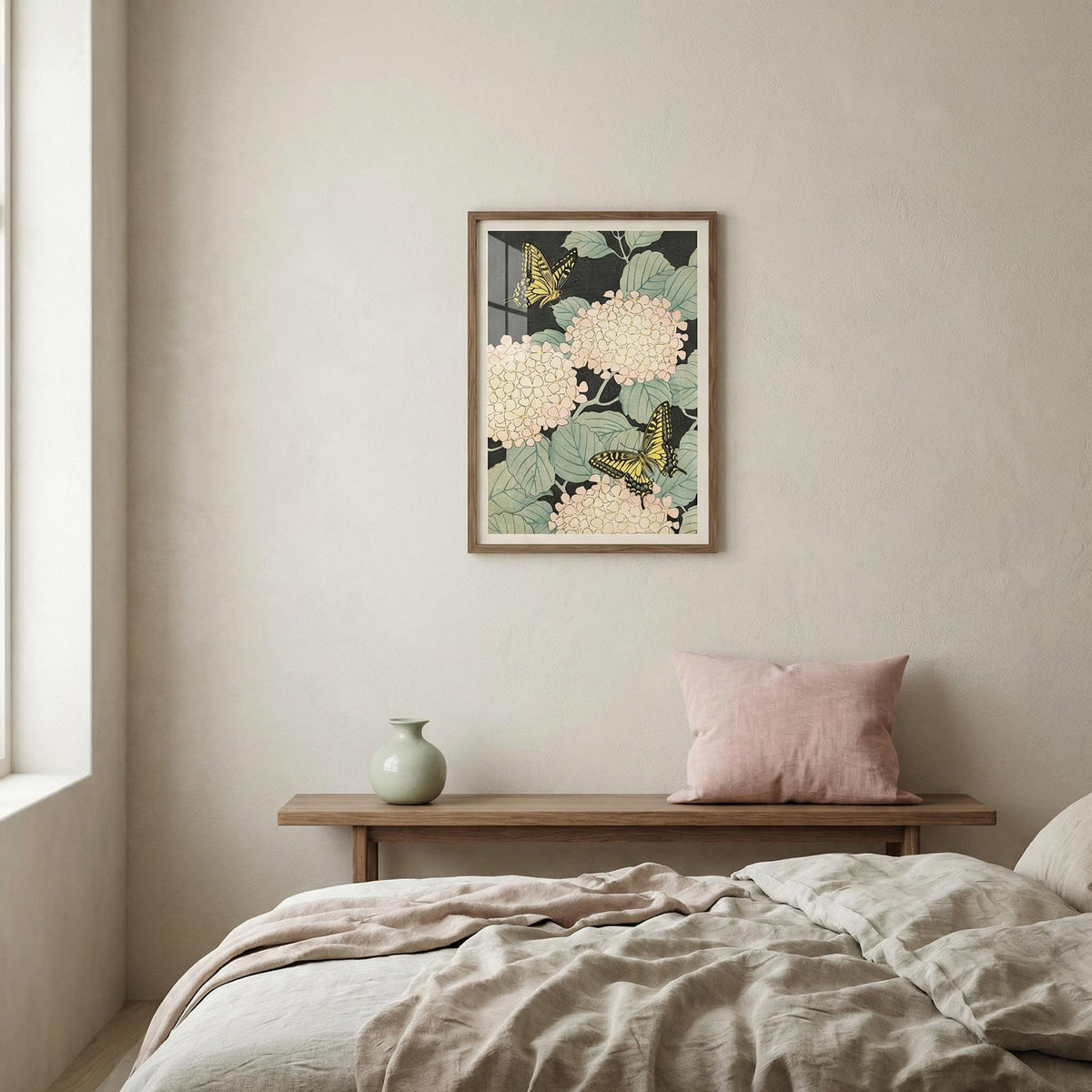 Butterfly art print with yellow swallowtail butterflies on pale flowers above a bench with a green vase