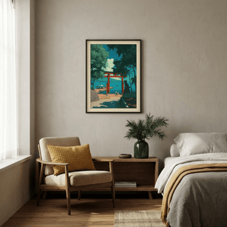 Hasui Kawase Woodblock Style Print of red torii gate by sea in blue and green hues in a bedroom above a wooden sideboard