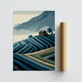 Rice Paddy Wall Art print showing a mountain tea plantation in blue and green tones with packaging tube