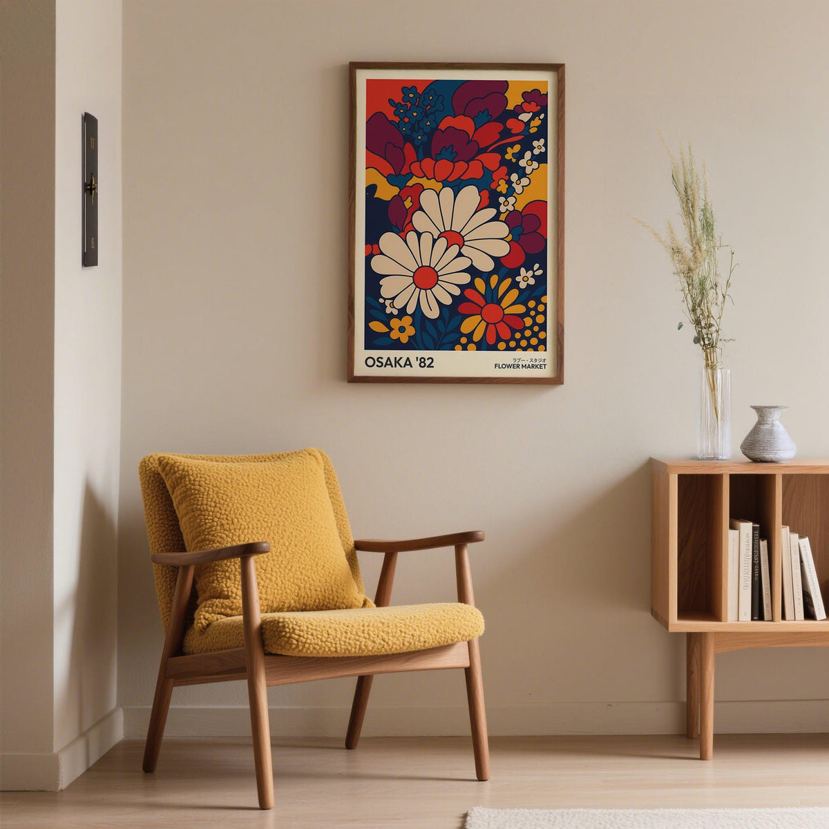 Retro wall art print of daisy flowers in bold colours above a mustard yellow armchair