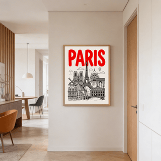 Paris City Art Print with red text and black line-art of Paris landmarks in a hallway
