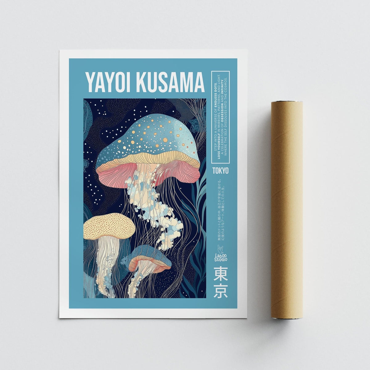 Unique Art Prints showing an illustration of colourful jellyfish with blue and pink tones next to a brown packaging tube