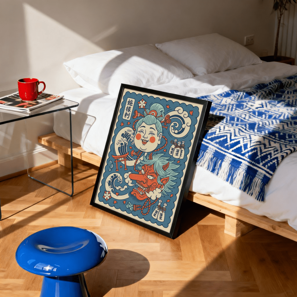 Print leaning on a floor by a bed with blue blanket showing woman and demon masks in blue and red tones