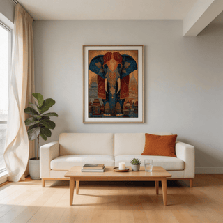 Colorful Indian Art Print of a decorated elephant with rich orange and blue tones above a cream sofa and next to a green plant