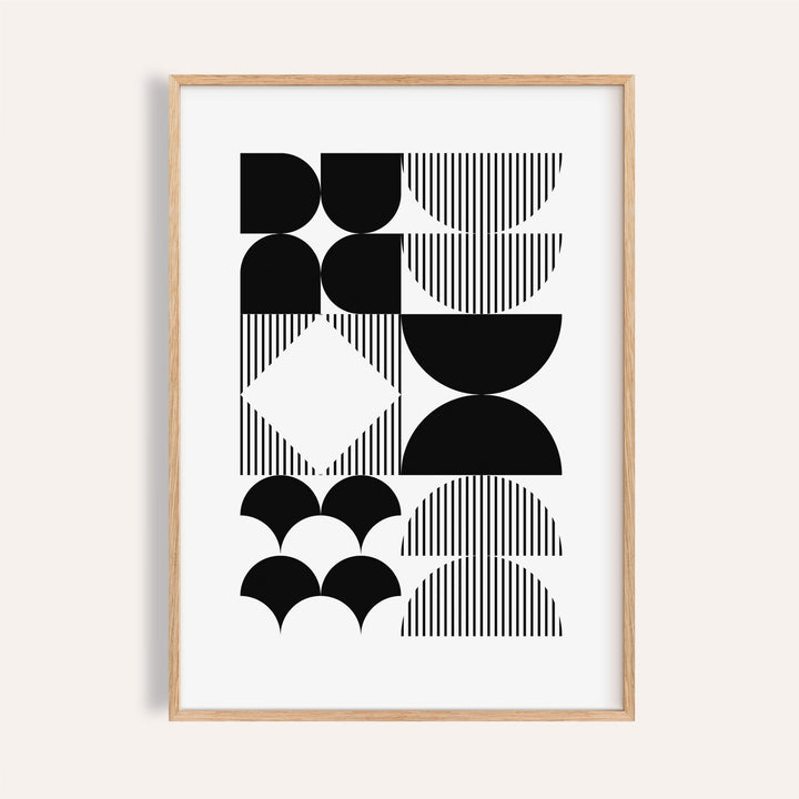 Framed Black and White Geometric Wall Art with minimalist black shapes and stripes