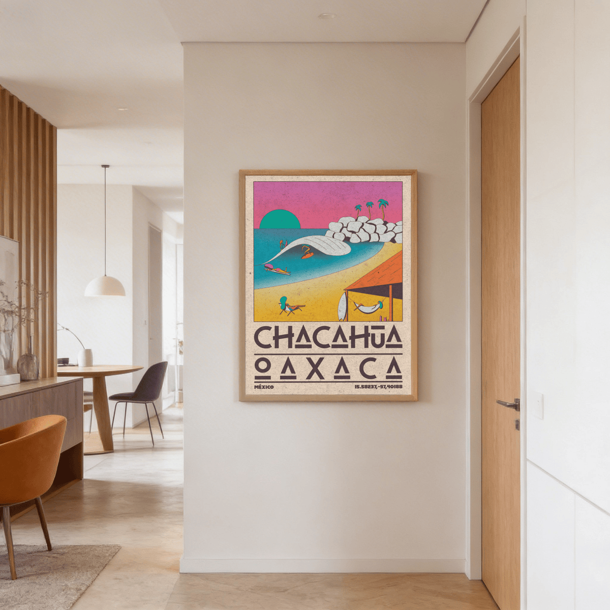 Mexican Beach Poster print in a hallway with wooden door and neutral walls