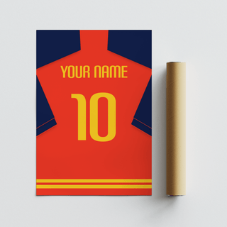 Custom football shirt print in red with navy sleeves and yellow number next to a packaging tube