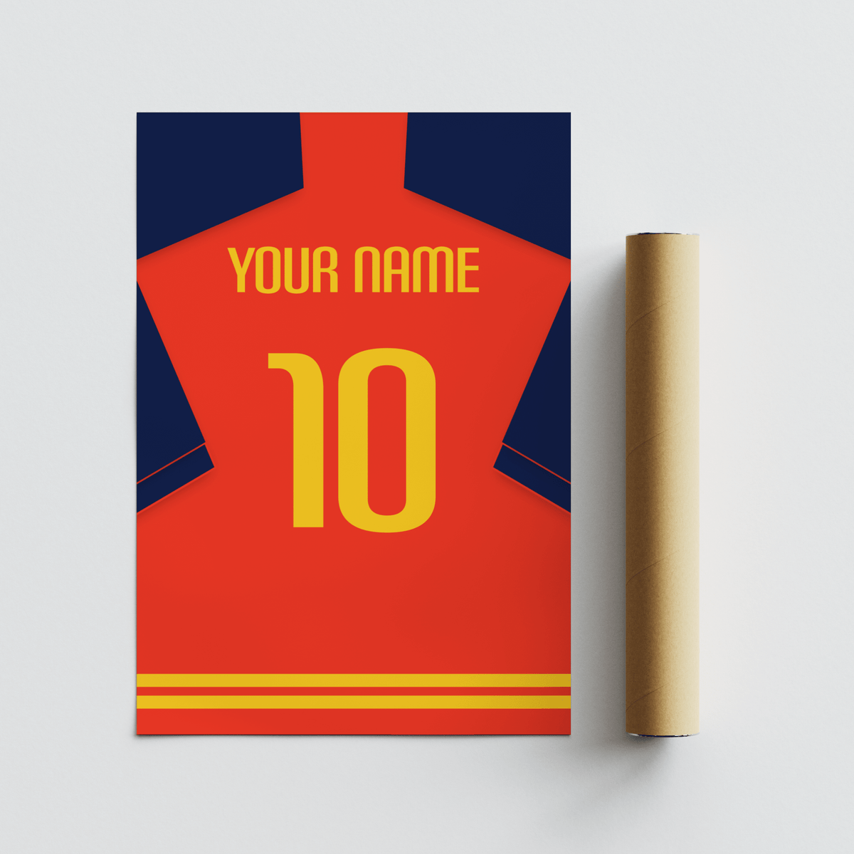 Custom football shirt print in red with navy sleeves and yellow number next to a packaging tube