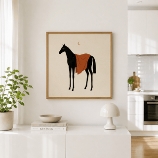 Horse Moon wall art of a black horse with orange blanket above a white sideboard in a kitchen
