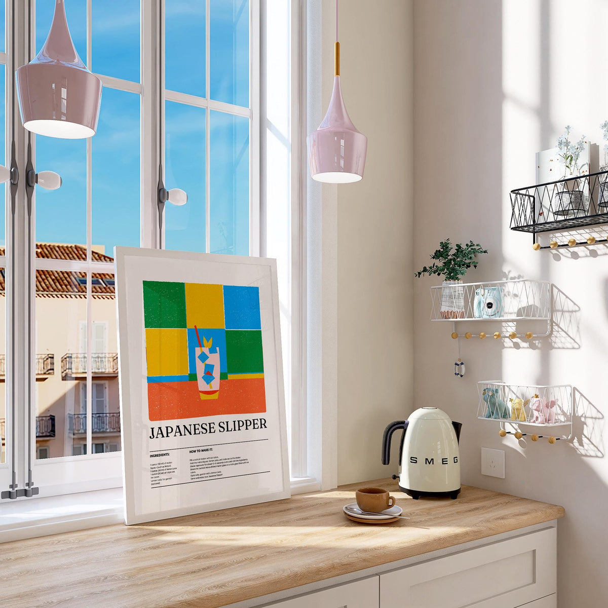 Trendy wall art leaning on a wooden table with a kettle and cup in a well-lit kitchen