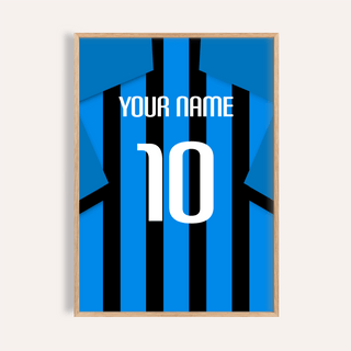 Football Shirt Poster in Black and Blue Stripes with Blue Sleeves