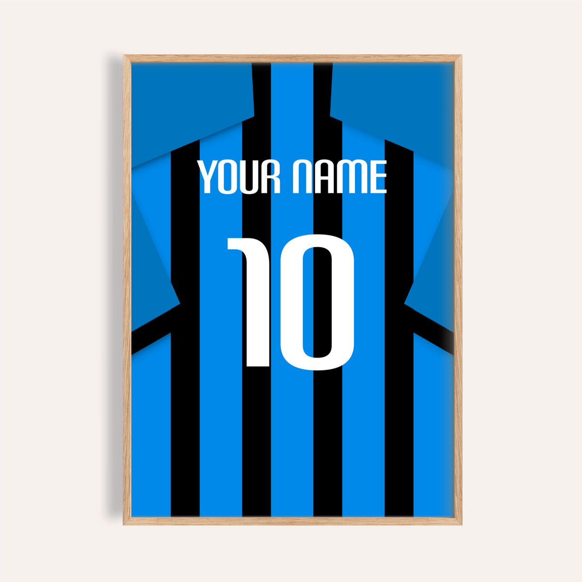 Framed print close-up of a football shirt poster in black and blue stripes with blue sleeves showing the number 10 and text Your Name