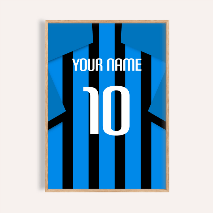 Framed print close-up of a football shirt poster in black and blue stripes with blue sleeves showing the number 10 and text Your Name