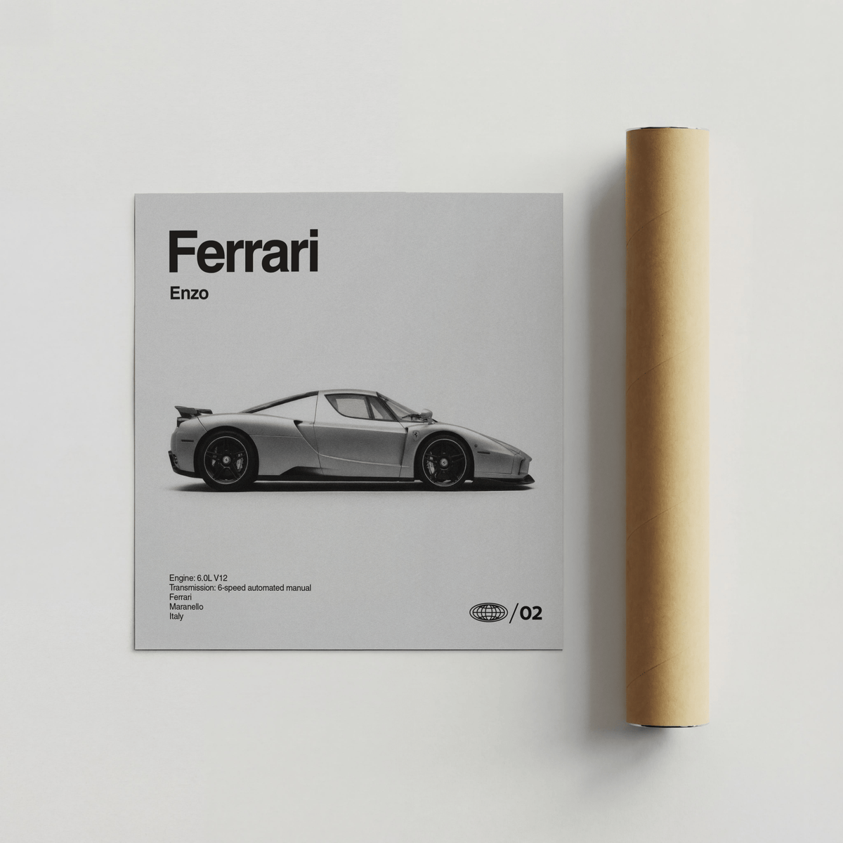 Italian Supercar Art Print shown flat beside a brown packaging tube on a light surface