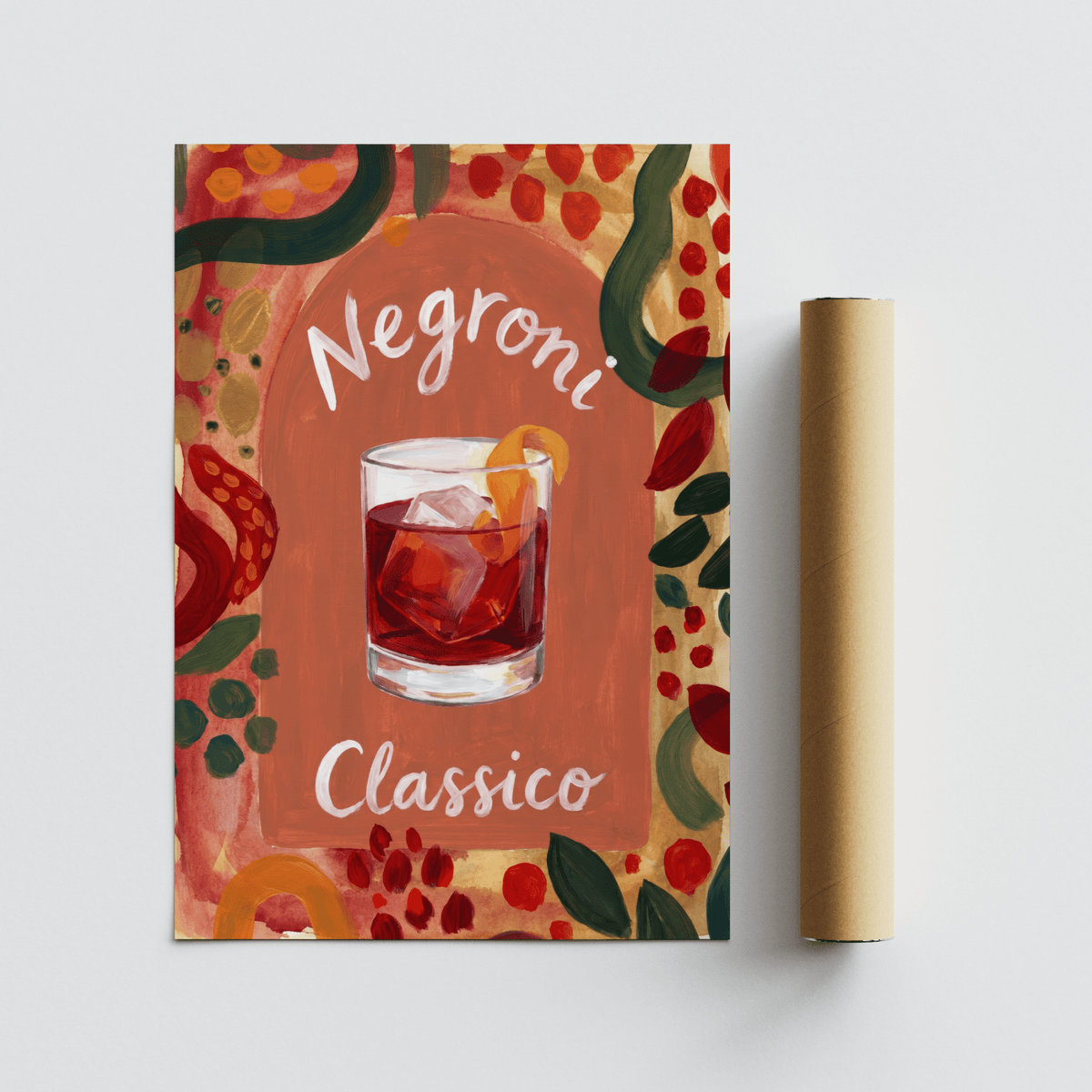 Negroni art print with red cocktail illustration and watercolour style next to packaging tube