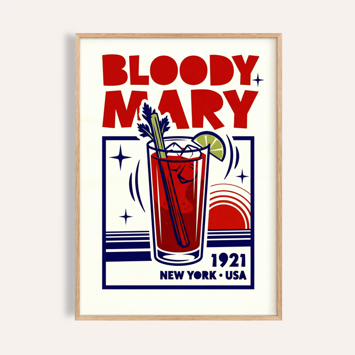 Framed close-up of Bloody Mary poster with red text and a cocktail illustration