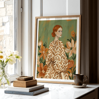 Print leaning on a shelf Floral Girl Illustration with warm colours and flowers beside a cup and glass vase