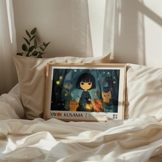 Framed Anime Girl Poster of a girl holding a lantern with cats resting on soft white bedding and a plant in the background