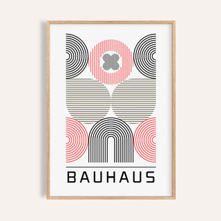 Close-up of wall art for home office with abstract geometric shapes in black red and beige lines