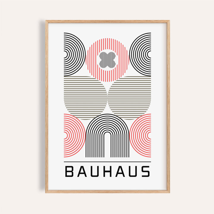 Close-up of wall art for home office with abstract geometric shapes in black red and beige lines