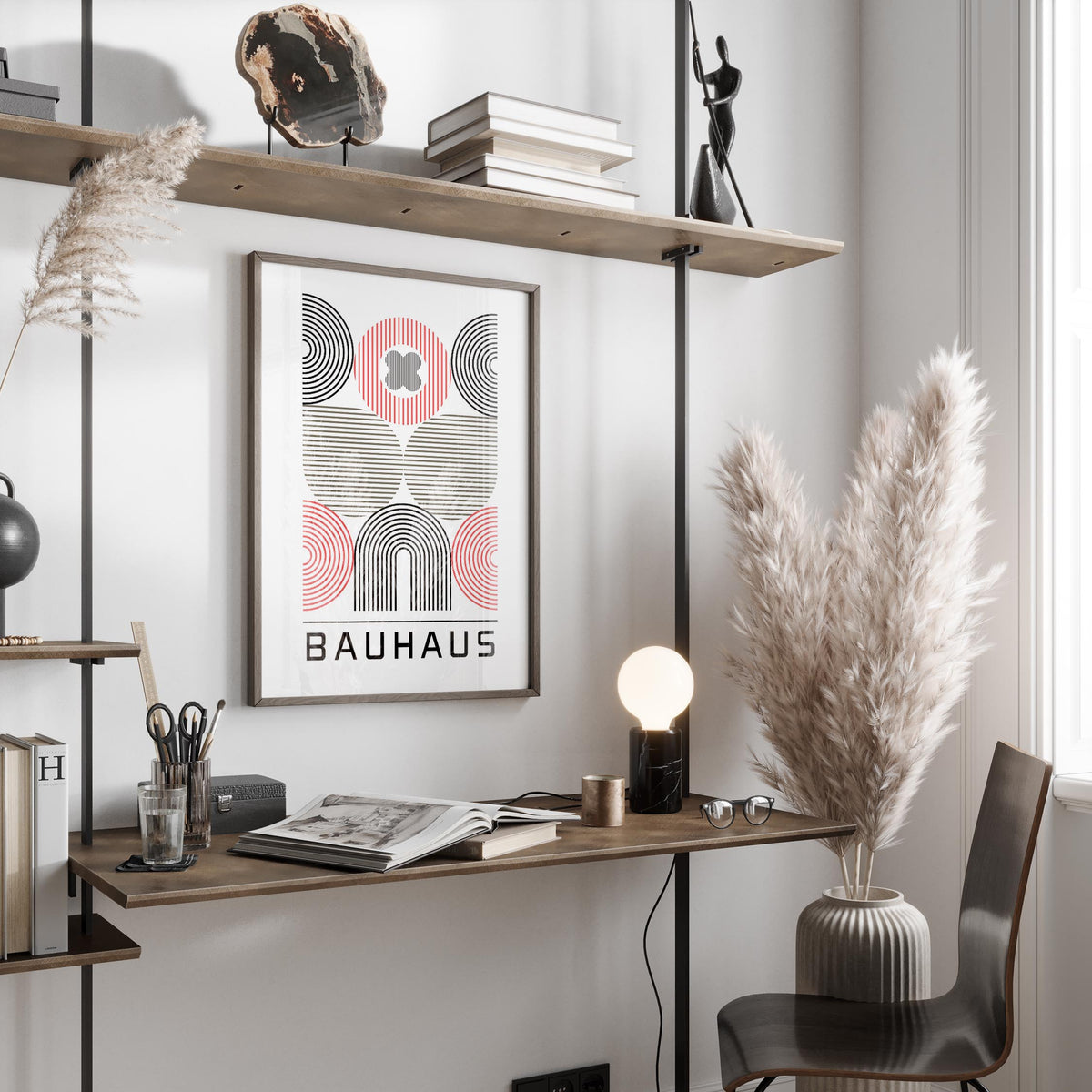 Wall Art for Home Office with abstract geometric shapes in black and red above wooden desk