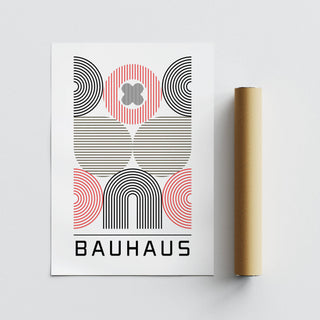 Flat artwork of abstract geometric shapes with black, red and grey lines next to a brown packaging tube