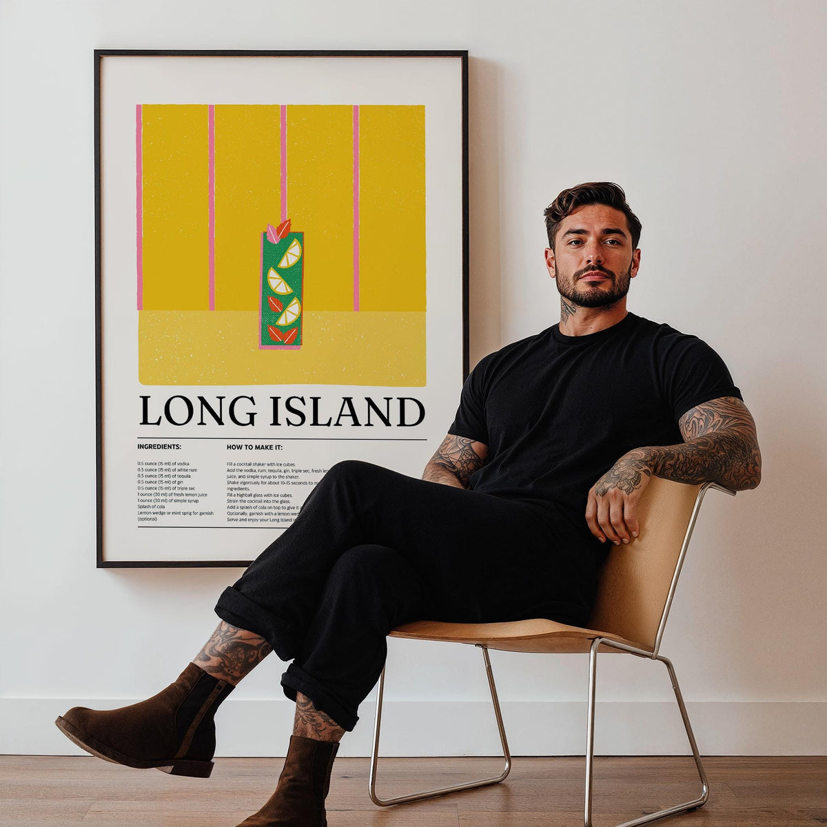 Drink Print framed print close-up of a Long Island iced tea cocktail illustration in yellow and green with text