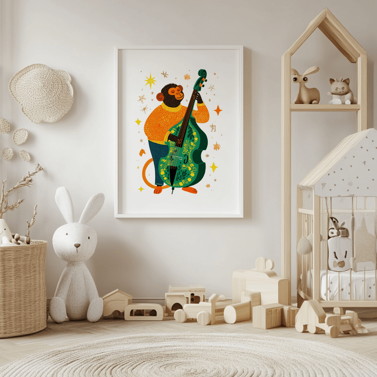 Musical Monkey Art Print in a nursery with soft toys and wooden toys around it