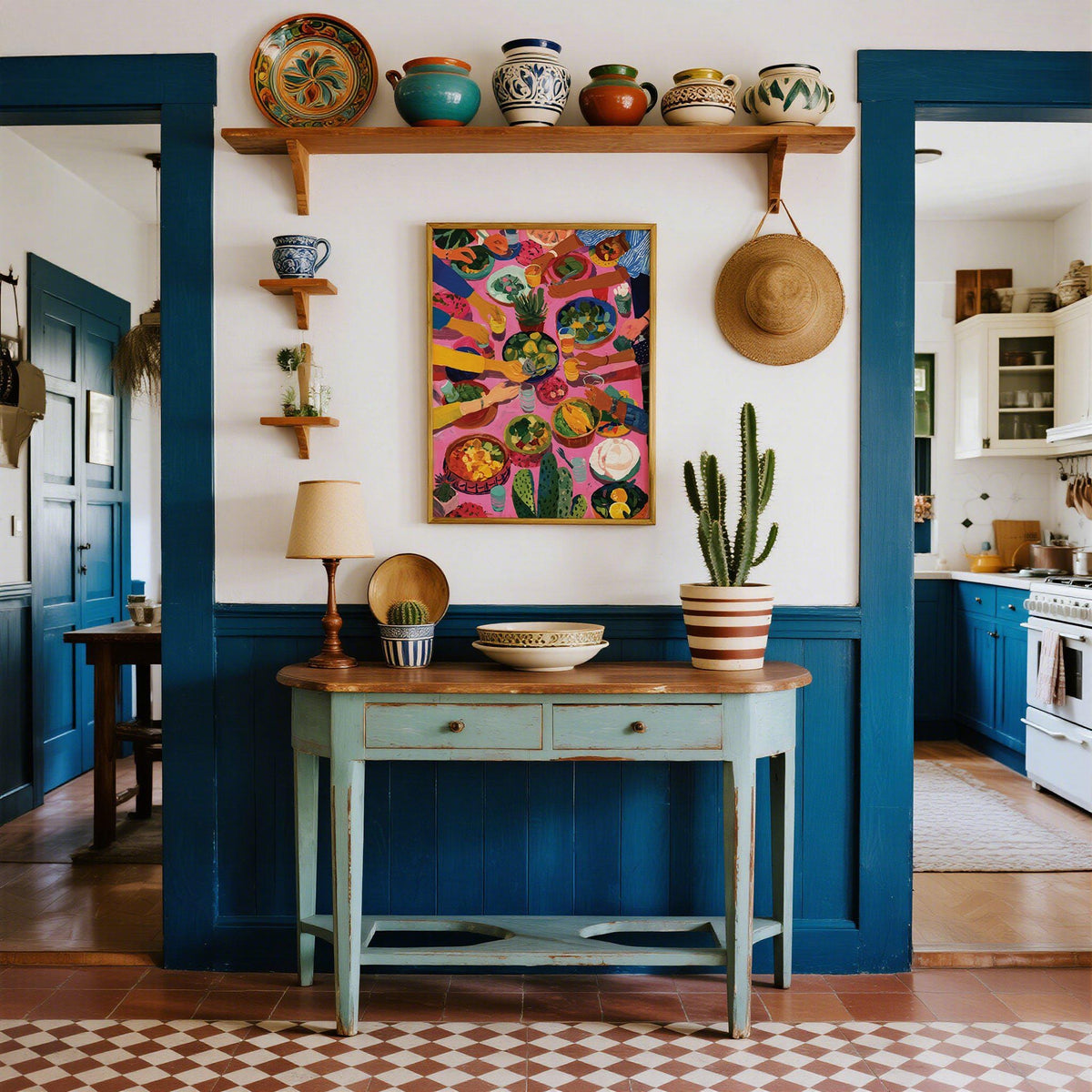 Print on a wall of Mexican Decor showing a group dining illustration with vivid colours above a teal sideboard in a hallway
