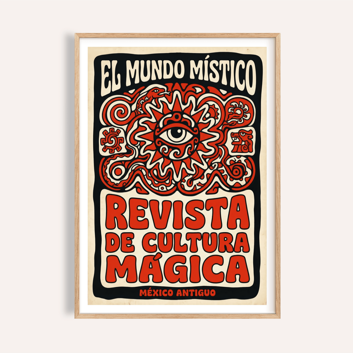 Framed close-up of Antique Mexican Art Print with a mystical eye and folk-art style in red and black