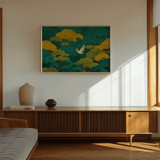Colourful Japanese Nature Art print with a flying crane amid green and yellow trees on a wood console