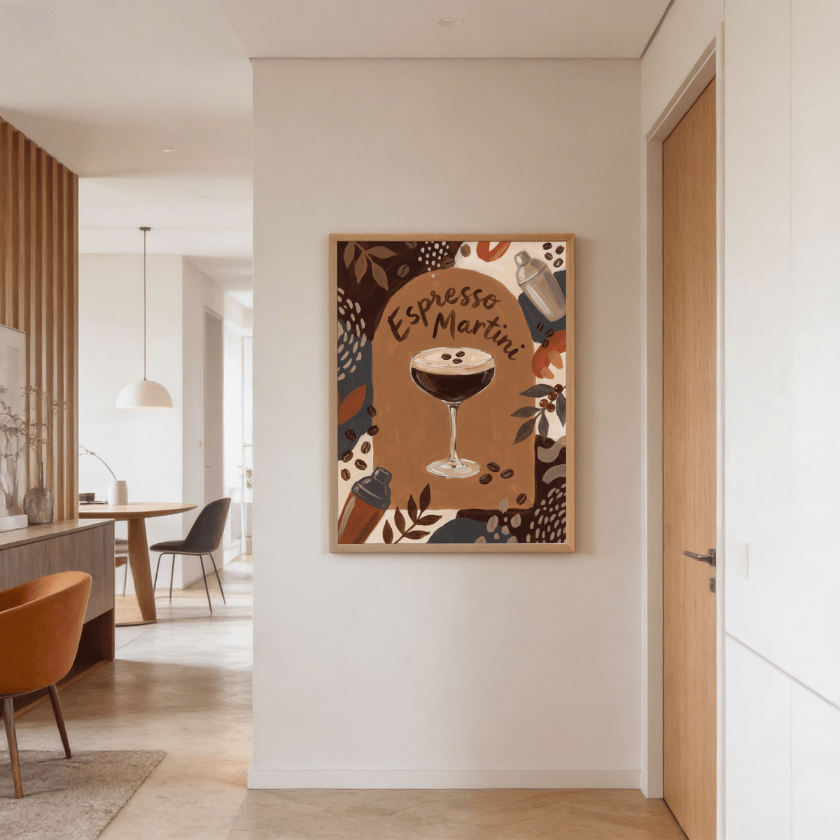 Espresso Martini wall art of cocktail illustration in warm browns and creams in a modern hallway