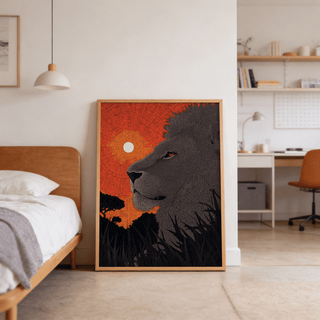 African Landscape wall art of a lion face silhouette with an orange sunset leaning on the floor by a wooden bed