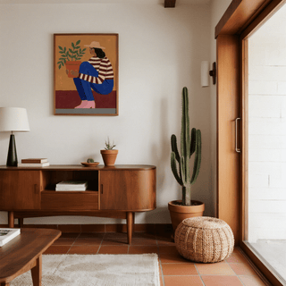 Woman Plant Wall Art of a woman in a hat holding a potted plant above a sideboard in a living area