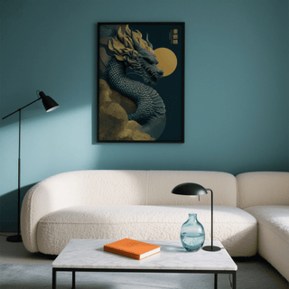 Chinese Dragon Art Print hanging on a blue wall above a white sofa with a floor lamp nearby