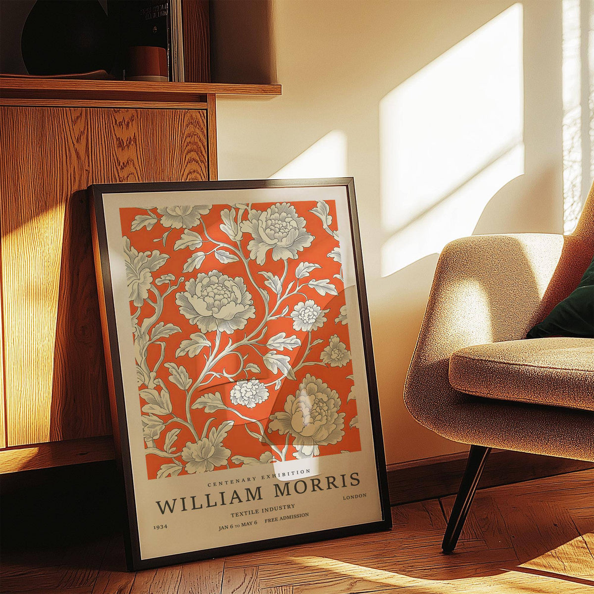 Vintage Flower Art print leaning against wooden cabinet with sunlight and midcentury modern chair