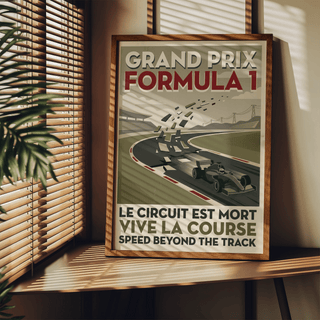 Typographic racing poster showing large stacked headline text and a race car on a bend