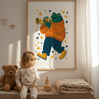 Print of frog playing trumpet art with bright stars in a child’s bedroom with soft sunlight and teddy bear