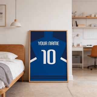 Football Shirt Poster in Blue with Dark Sleeves and White Stripe leaning on the bedroom floor next to a bed