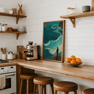 Ocean fisherman wall art leaning on a wooden kitchen counter next to a bowl of oranges