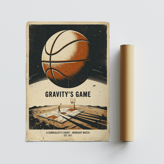 Surreal Basketball Art Print with a giant basketball above a court and retro colours next to a packaging tube