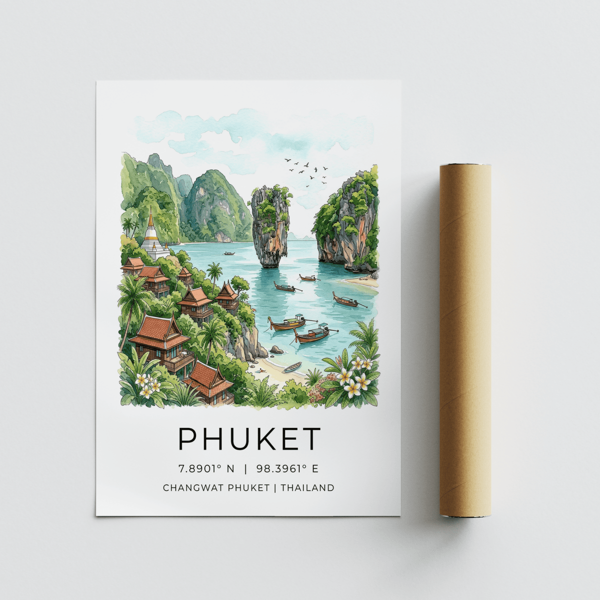 Phuket art print of a Phuket beach bay in watercolour style with a packaging tube on the side